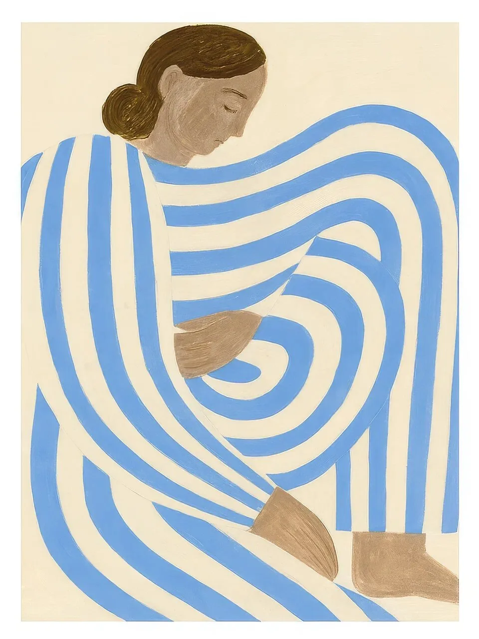 Onlly poster, Figure Wrapped in Blue Lines: A seated figure is embraced by broad, flowing blue and cream stripes.