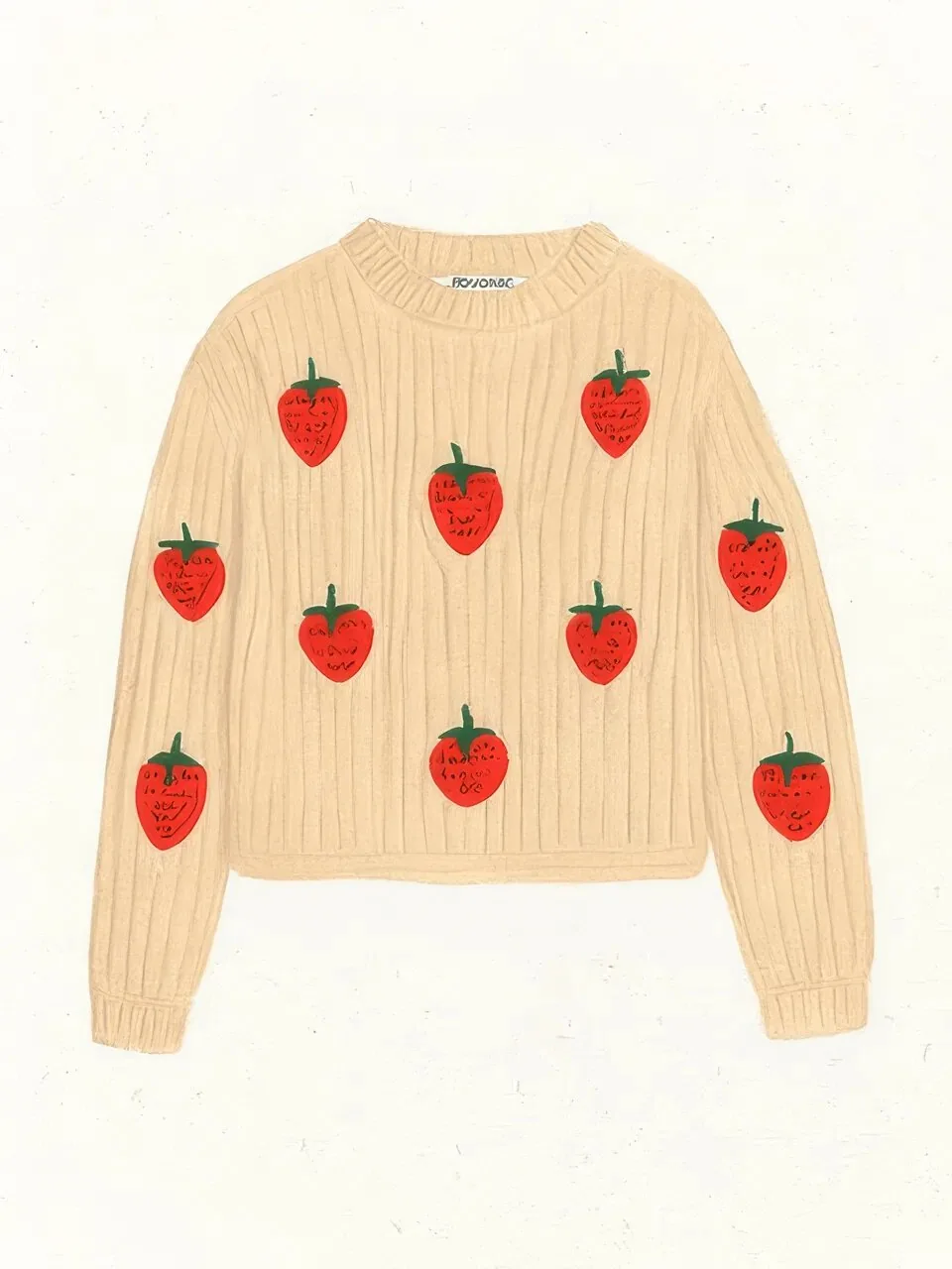 Onlly poster, Strawberry Pattern Sweater: A cream sweater dotted with small red strawberries is shown on a pale background.