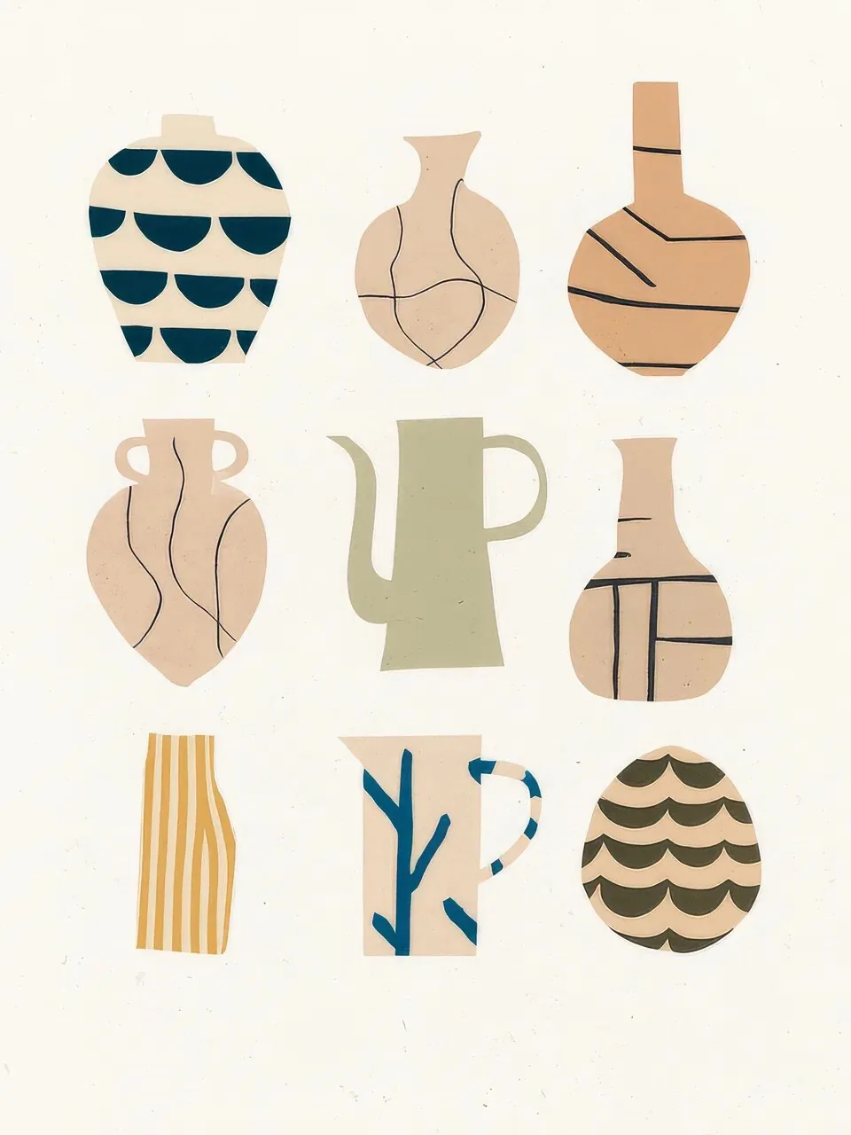 Onlly poster, Decorative Vase Motifs: A group of stylized vases and vessels is arranged in a muted palette.