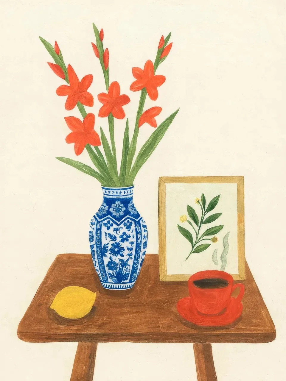 Onlly poster, Flowers in a Blue Patterned Vase: Orange flowers and green leaves rise from a blue-and-white vase on a table.