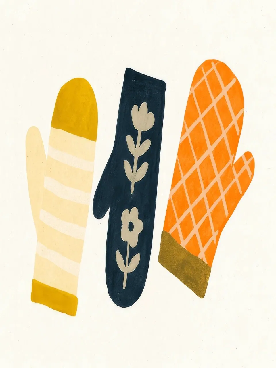 Onlly poster, Colourful Oven Mitts: A pair of patterned kitchen mitts in yellow, blue and cream hangs upright.