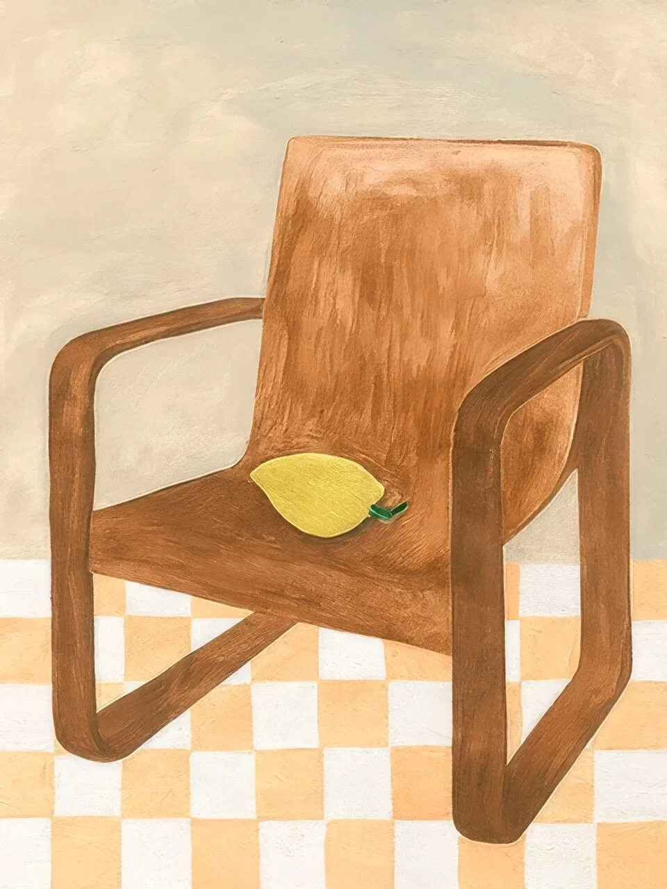 Onlly poster, Wooden Chair and Lemon: A warm wooden chair stands on a small checkerboard rug with a lemon on its seat.