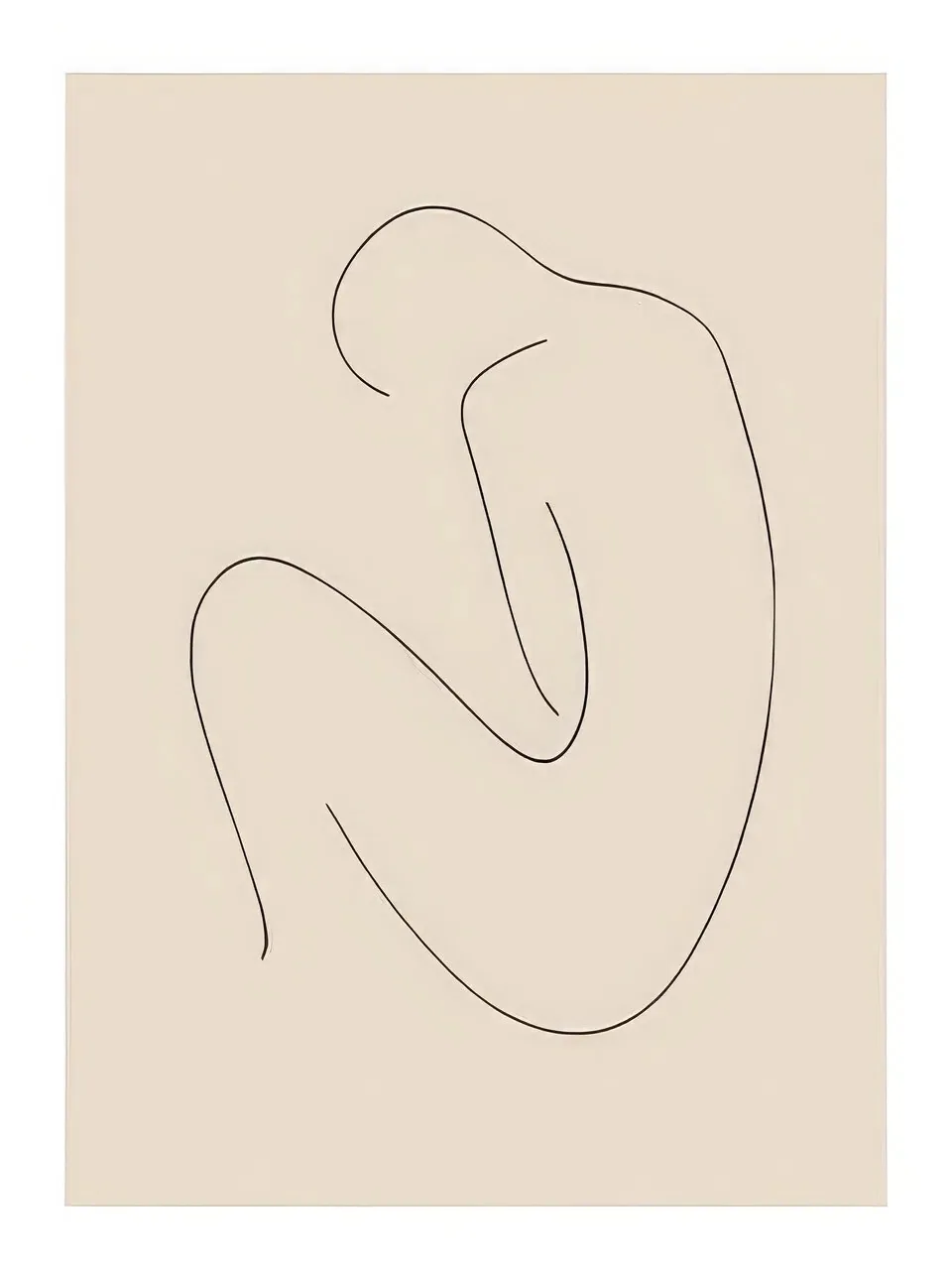 Onlly poster, Continuous Figure Outline: A thin continuous contour suggests a seated, folded body on ivory.