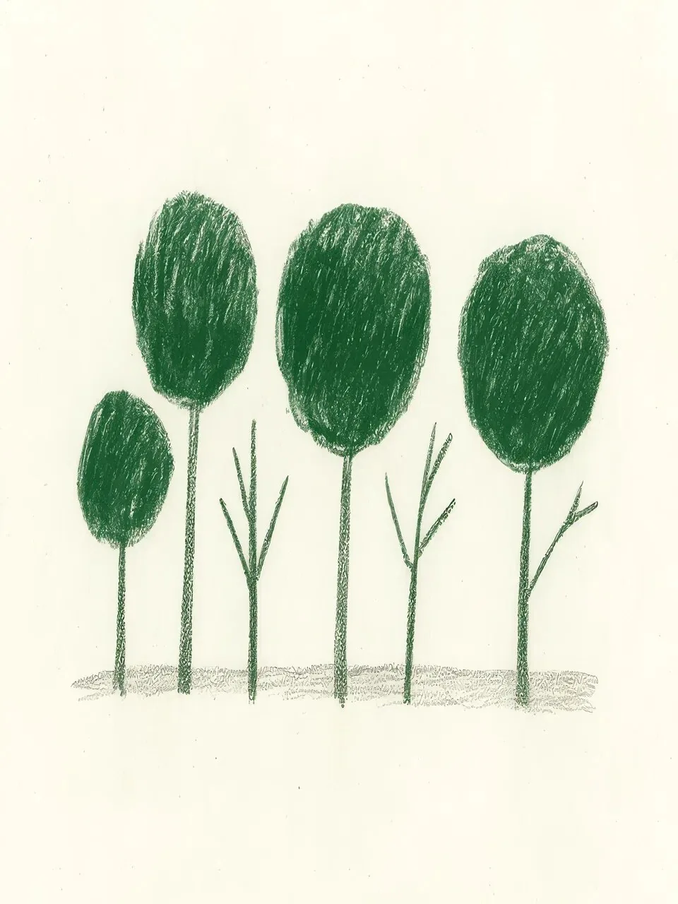 Onlly poster, Three Rounded Trees: Three small trees with textured green crowns stand in a loose row.