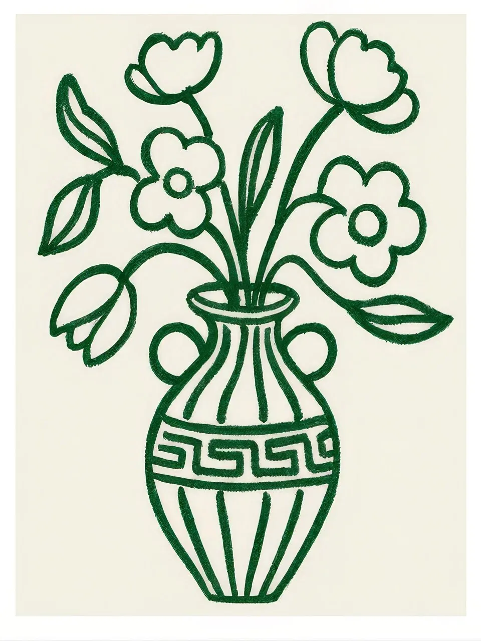Onlly poster, Vase of Flowers in Outline: A simple dark line drawing shows small flowers in a decorative vase.
