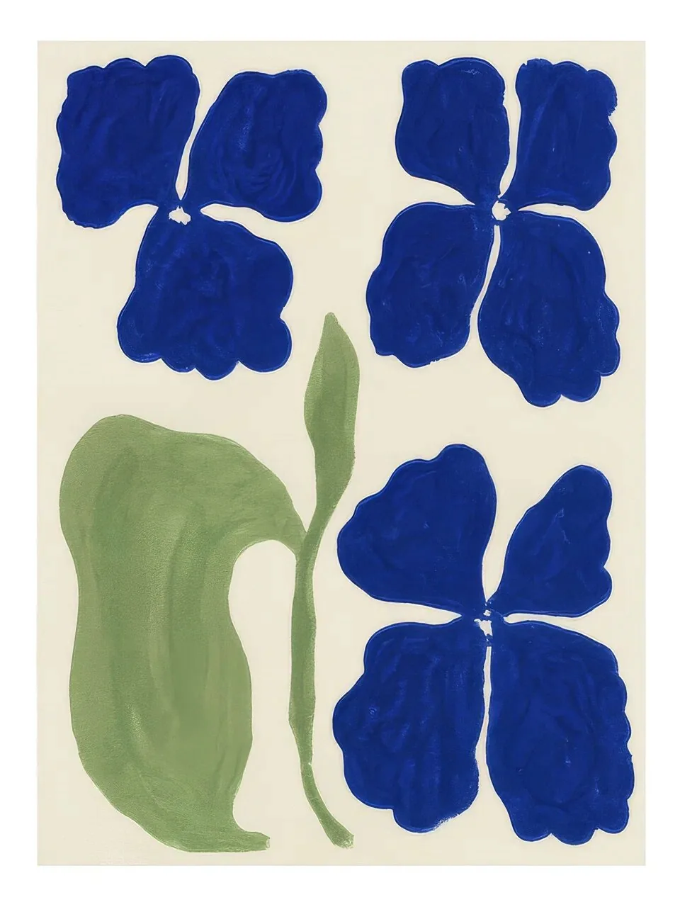 Onlly poster, Blue Flowers and Green Leaves: Four deep-blue blooms and soft green leaves form a compact floral arrangement.