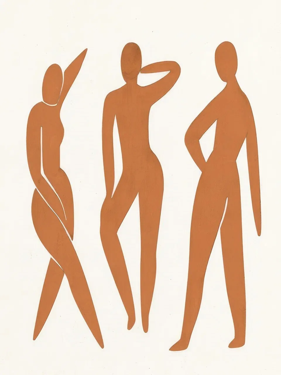 Onlly poster, Warm Brown Dancing Figures: Four simplified terracotta figures move together across a pale field.