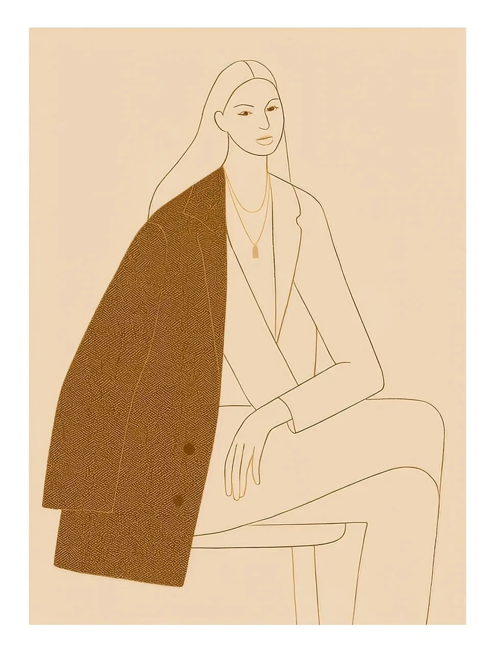 Onlly poster, Seated Woman in an Open Jacket: A fine line drawing shows a woman seated in a long neutral jacket.