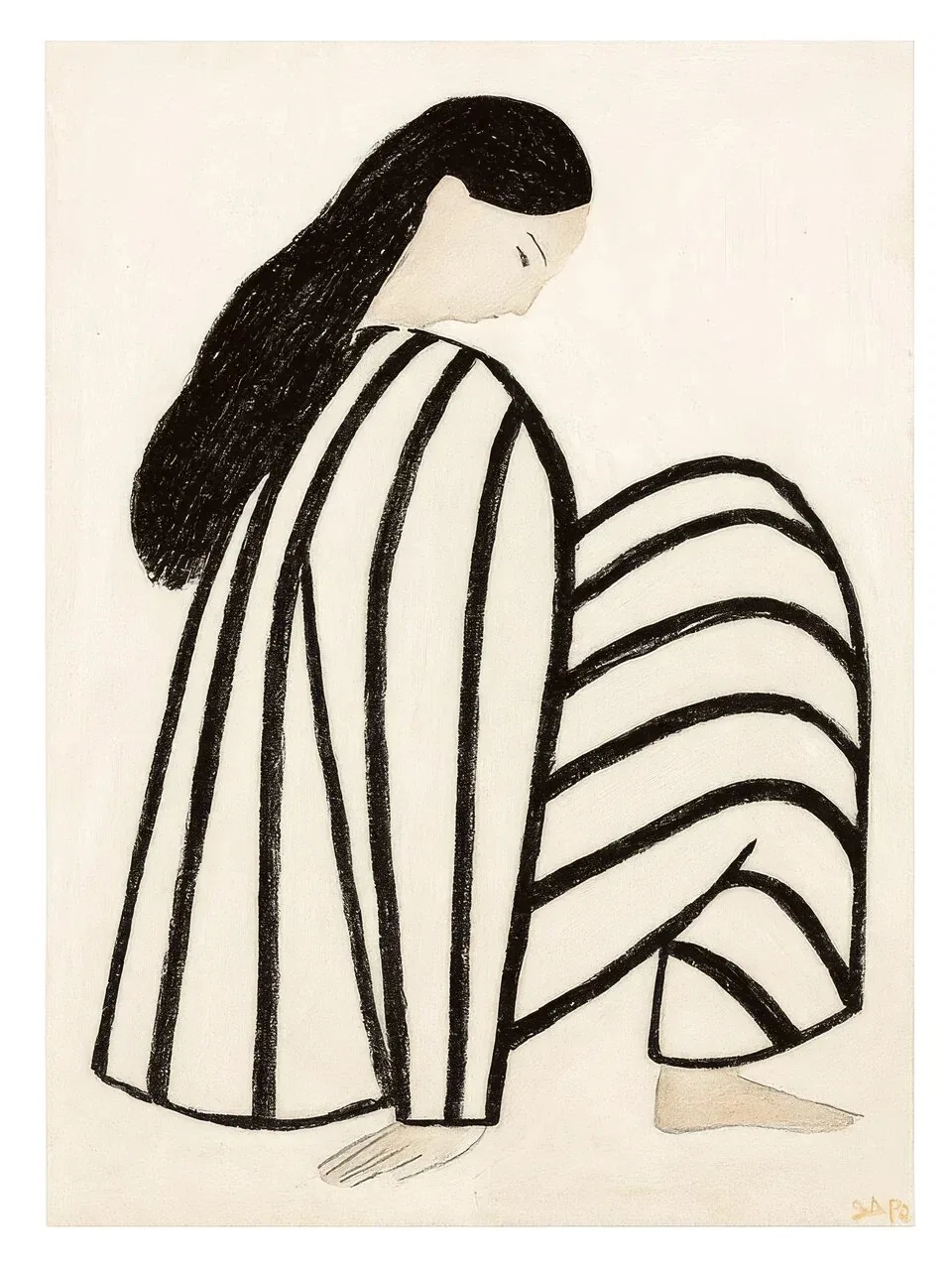 Onlly poster, Woman in Bold Stripes: A seated dark-haired woman wears a flowing black-and-cream striped outfit.