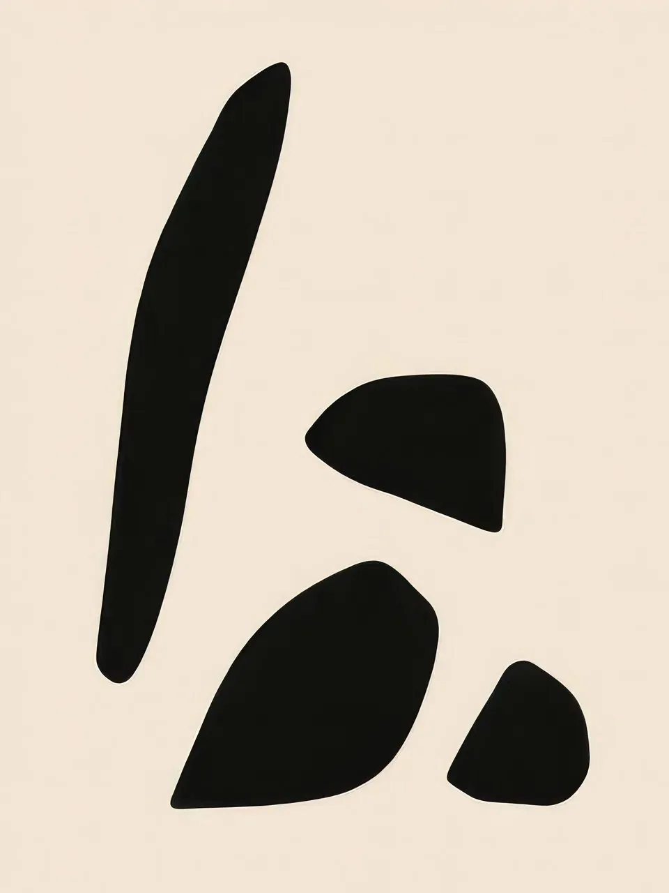 Onlly poster, Scattered Black Shapes: A few bold irregular black marks balance across a pale cream field.
