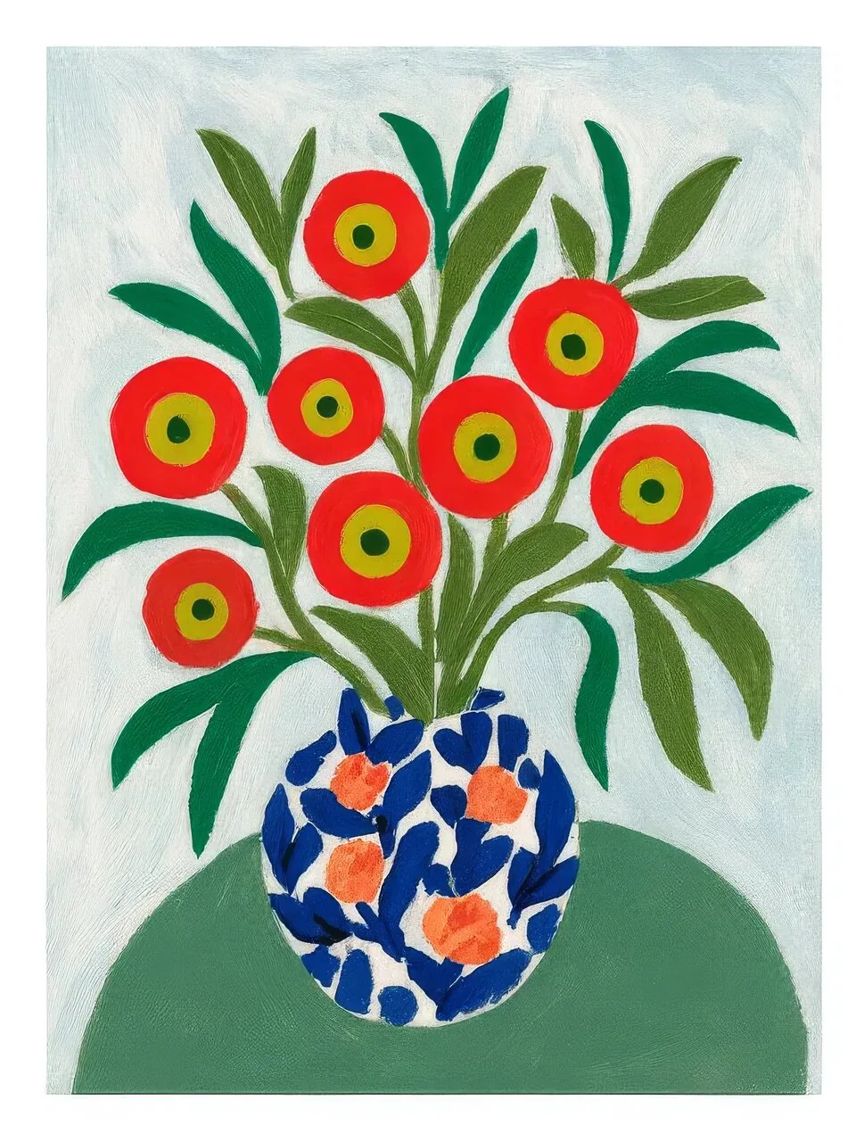 Onlly poster, Blue Vase with Red Flowers: A blue patterned vase holds red blooms and green leaves on a muted tabletop.