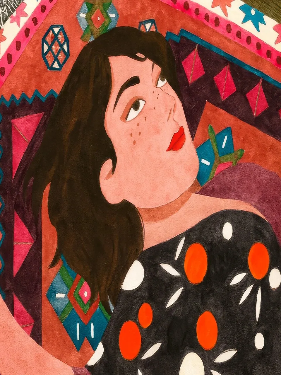 Onlly poster, Woman with Dark Wavy Hair: A warm portrait shows a dark-haired woman against richly patterned red and green shapes.
