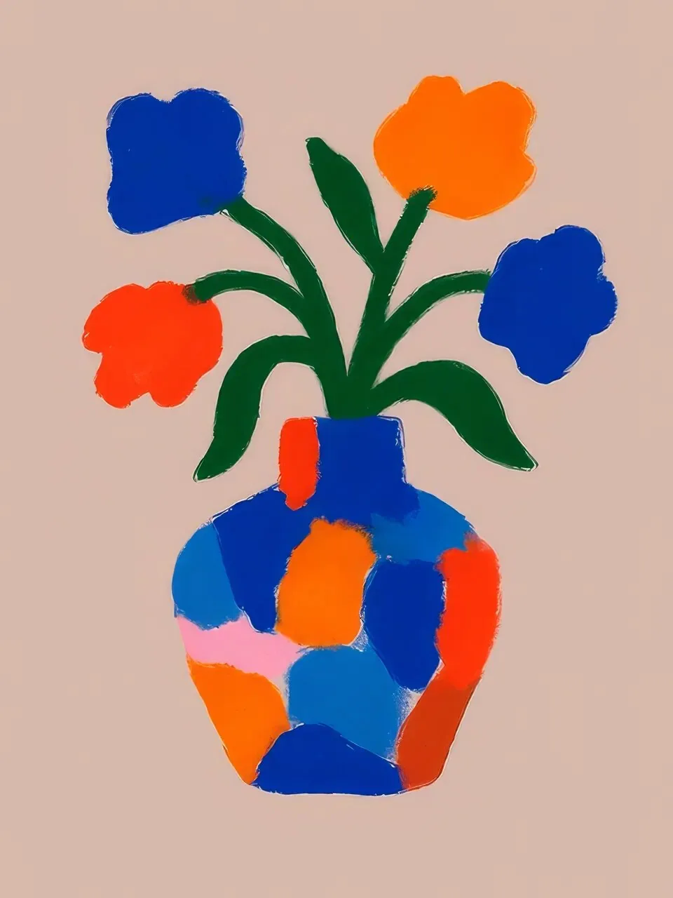 Onlly poster, Bright Flowers in a Blue Vase: Orange, red and blue flowers rise from a vivid blue vessel.