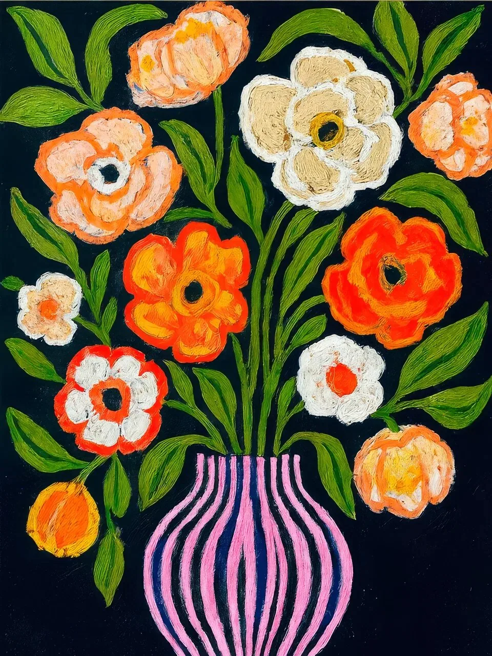 Onlly poster, Flowers in a Pink Striped Vase: A lush arrangement of colourful flowers stands in a pink vase against a dark floral field.