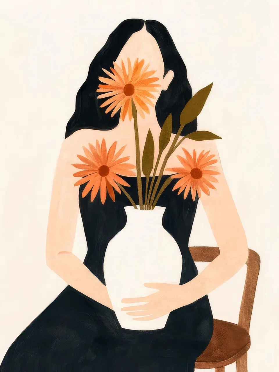 Onlly poster, Woman Holding Orange Flowers: A seated woman embraces a vase of bright orange flowers.