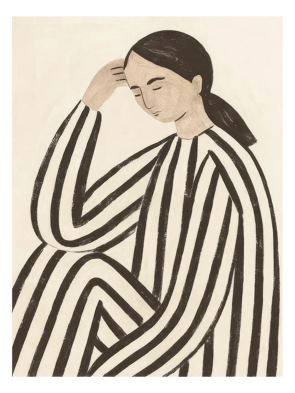 Onlly poster, Woman in Flowing Black Stripes: A seated figure is wrapped in a bold black-and-cream striped garment.