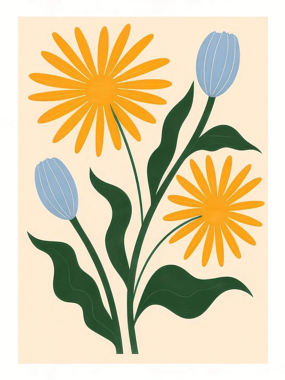Onlly poster, Yellow Daisies and Blue Tulip: Bright yellow daisies and a blue bud rise among dark green stems.