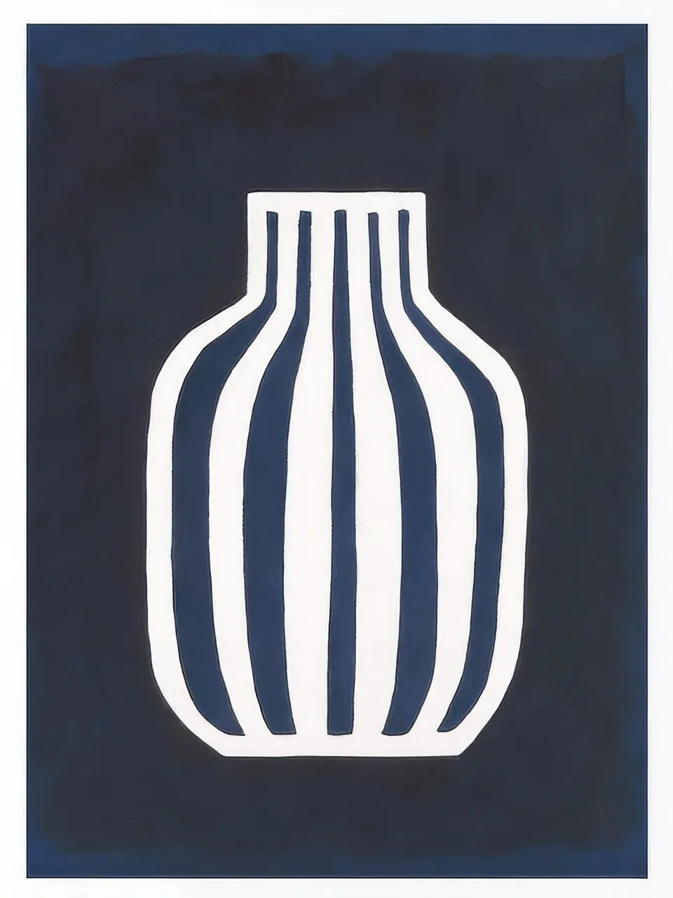 Onlly poster, Striped White Vase on Blue: A white vessel with bold dark stripes stands against a deep-blue field.