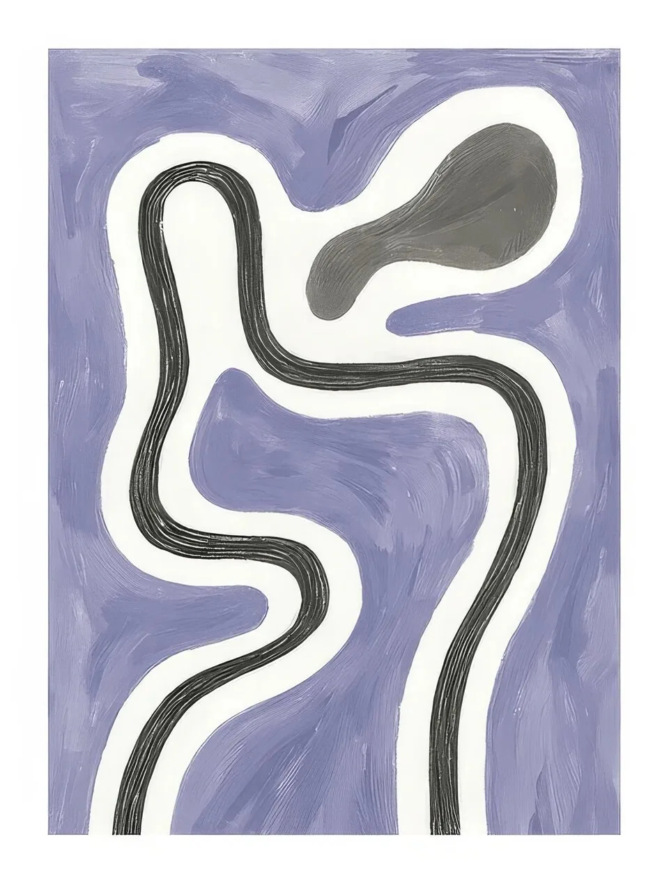 Onlly poster, Winding Line on Lavender: A thick black line curves over a softly mottled lavender and pale ground.