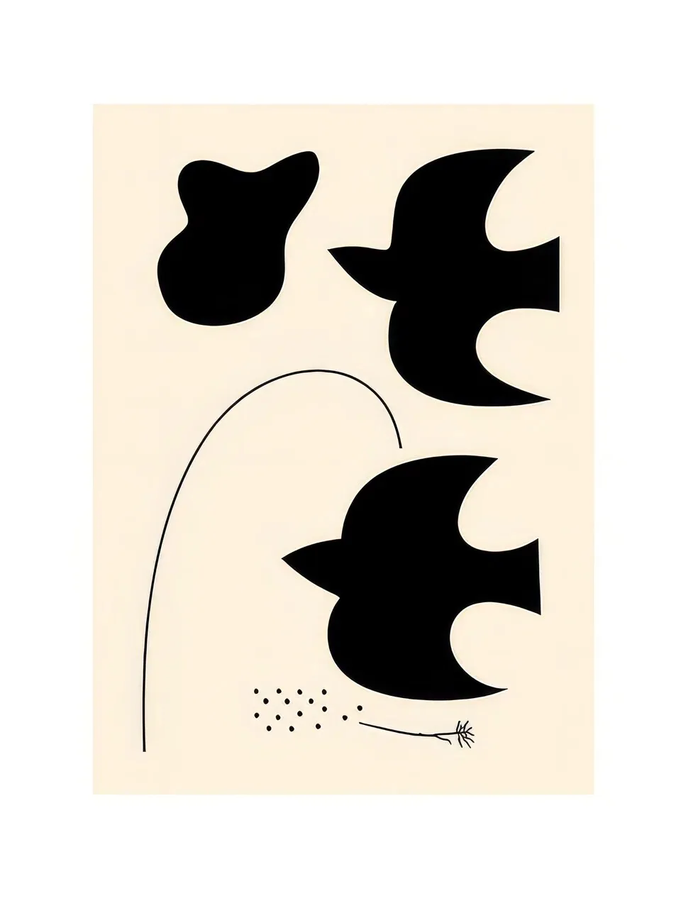 Onlly poster, Black Shapes and Fine Curves: Three dark organic forms float above a delicate curved line on cream.