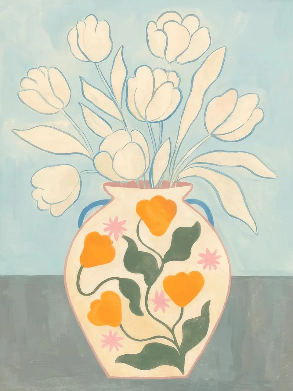 Onlly poster, Flowers in a Blue Vase on Pink: Pale flowers and fruit-like shapes fill a blue vessel above a pink-striped surface.