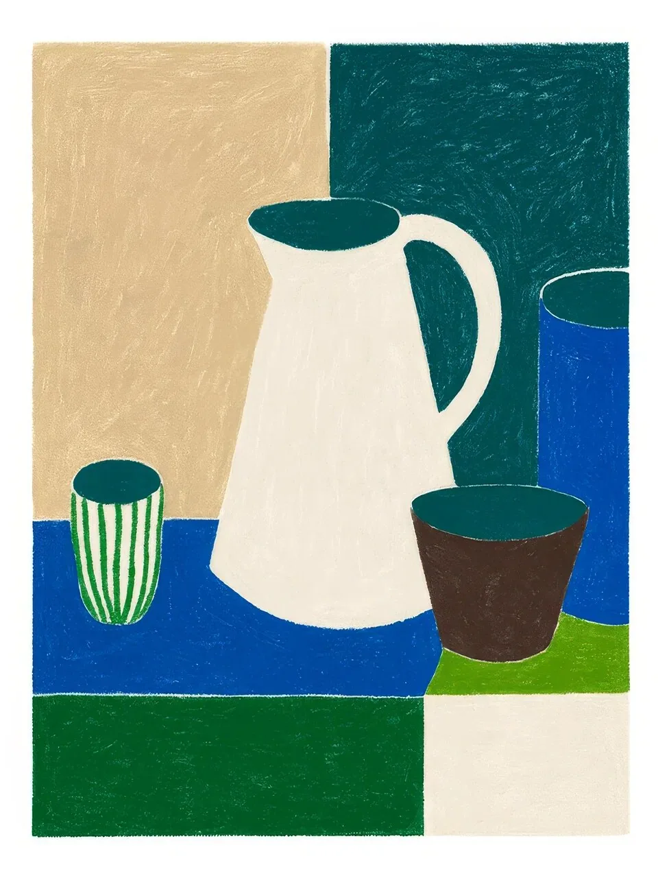 Onlly poster, White Pitcher and Plant: A pale pitcher and small green plant sit against a teal-and-cream colour-block background.