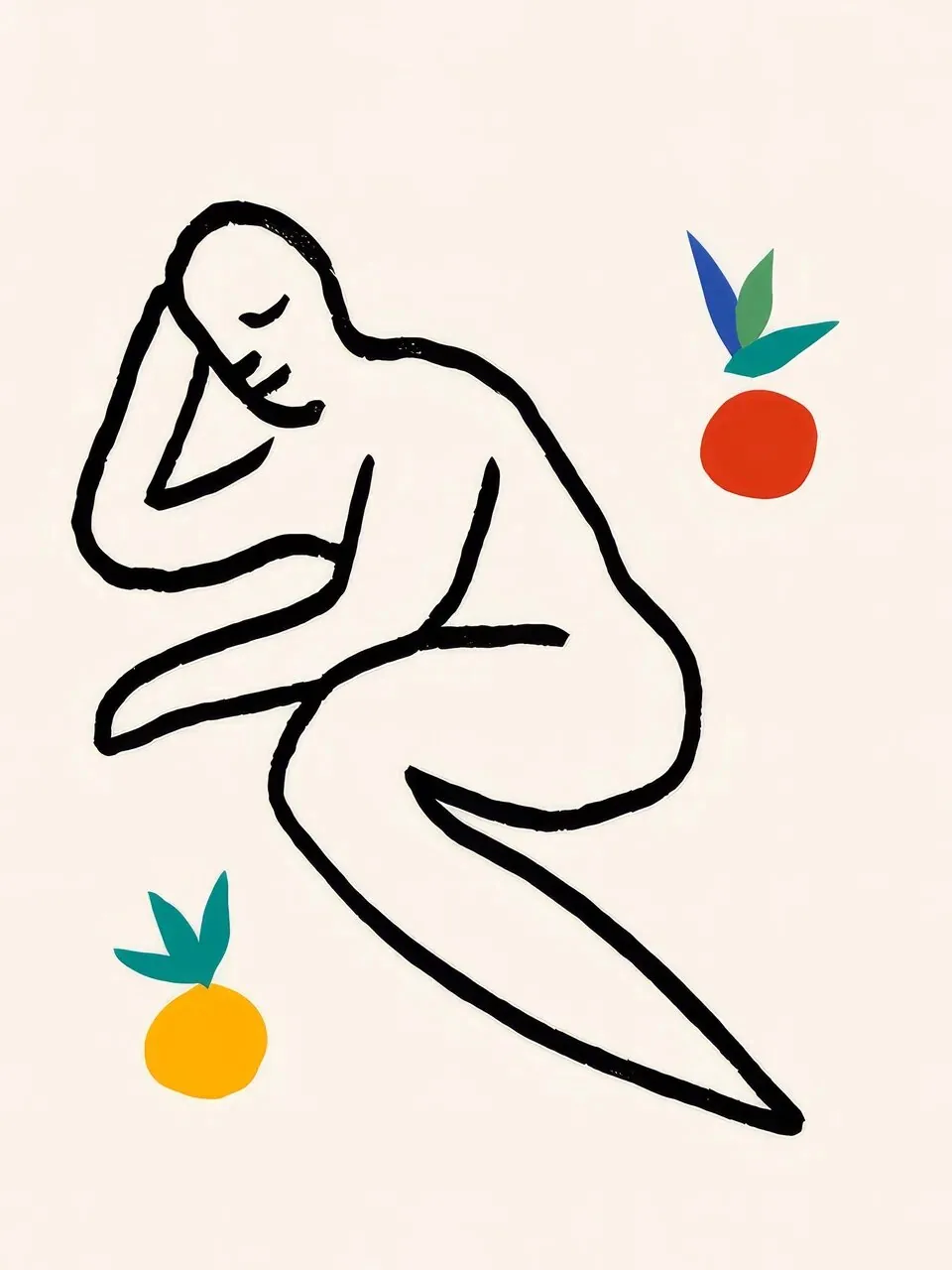 Onlly poster, Resting Figure with Fruit: A continuous line drawing of a reclining figure is accented by small fruit and leaves.