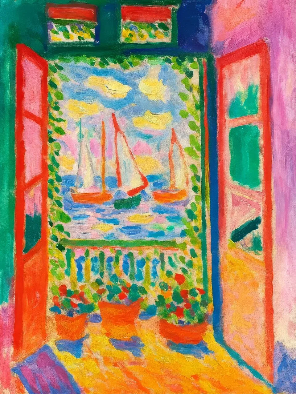 Onlly poster, Bright Framed Window View: A colourful interior frame opens onto a lively abstract view of water and land.