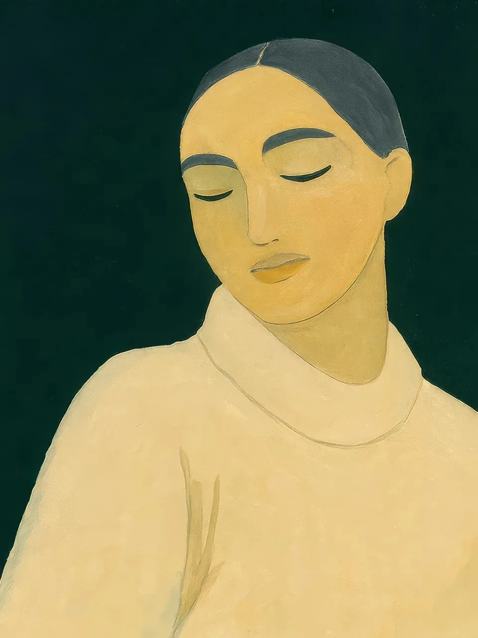 Onlly poster, Calm Face in Deep Green: A serene face with closed eyes is painted in muted gold and olive against dark green.