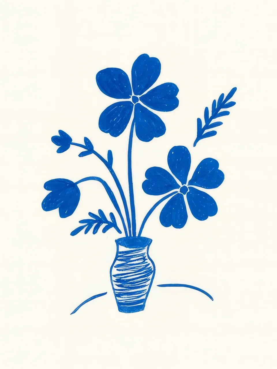 Onlly poster, Blue Flowers in a Small Vase: A fine blue bouquet grows from a tiny outlined vase on pale paper.
