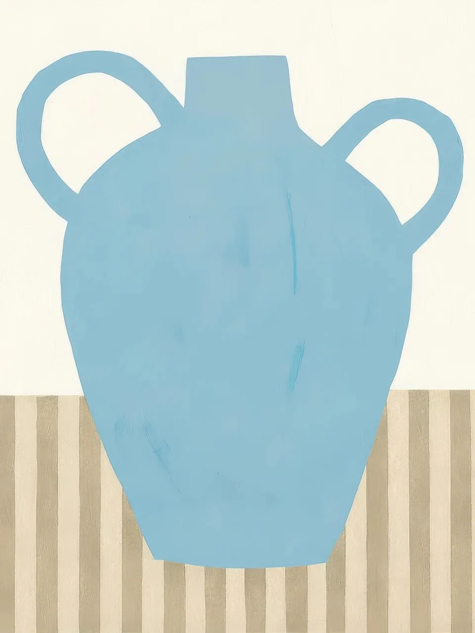 Onlly poster, Blue Vase on Striped Table: A pale blue vase rests on a striped surface, with a small green plant inside.