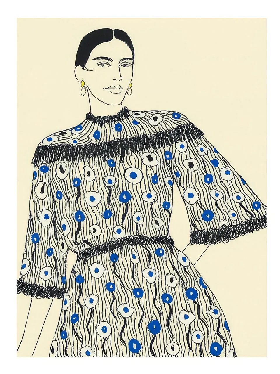 Onlly poster, Woman in a Blue Floral Dress: A woman with tied-back hair wears a loose dress decorated with blue floral motifs.