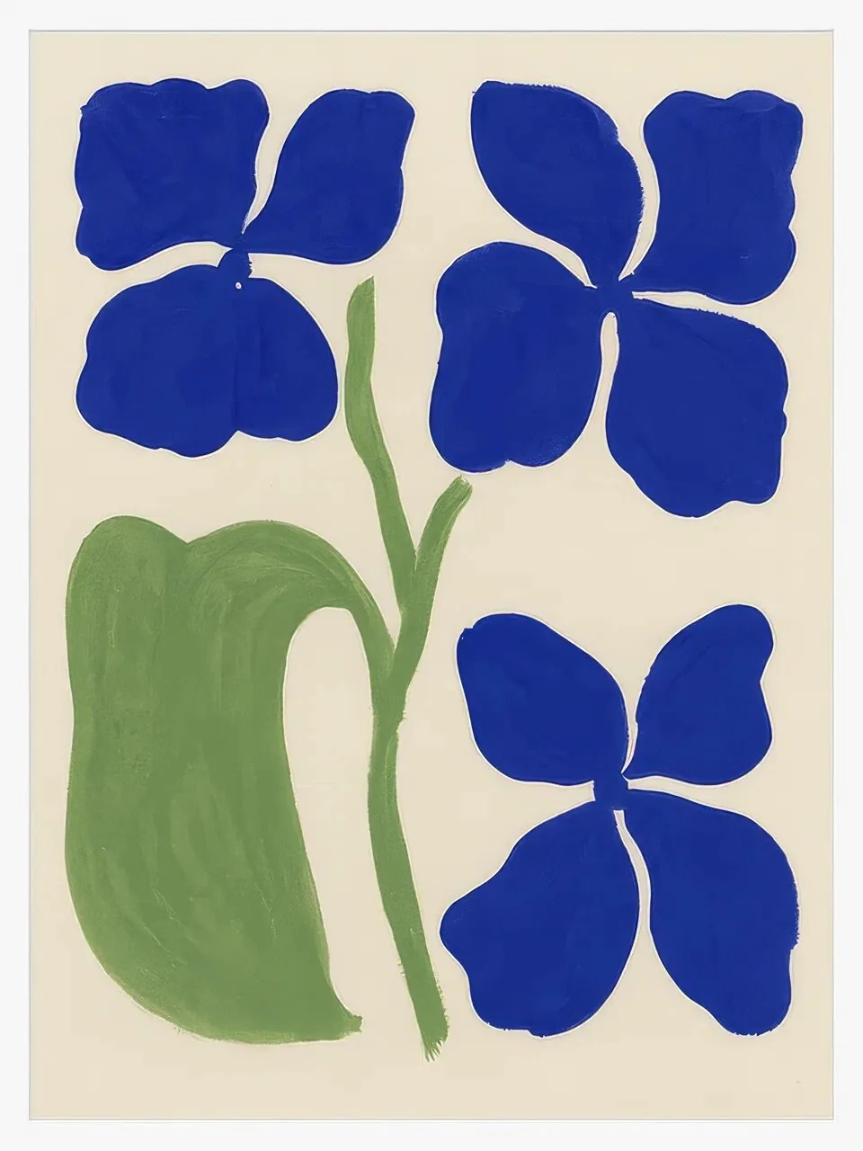 Onlly poster, Blue Flowers on Green Forms: Bold blue blossoms and broad pale-green shapes make a graphic floral arrangement.