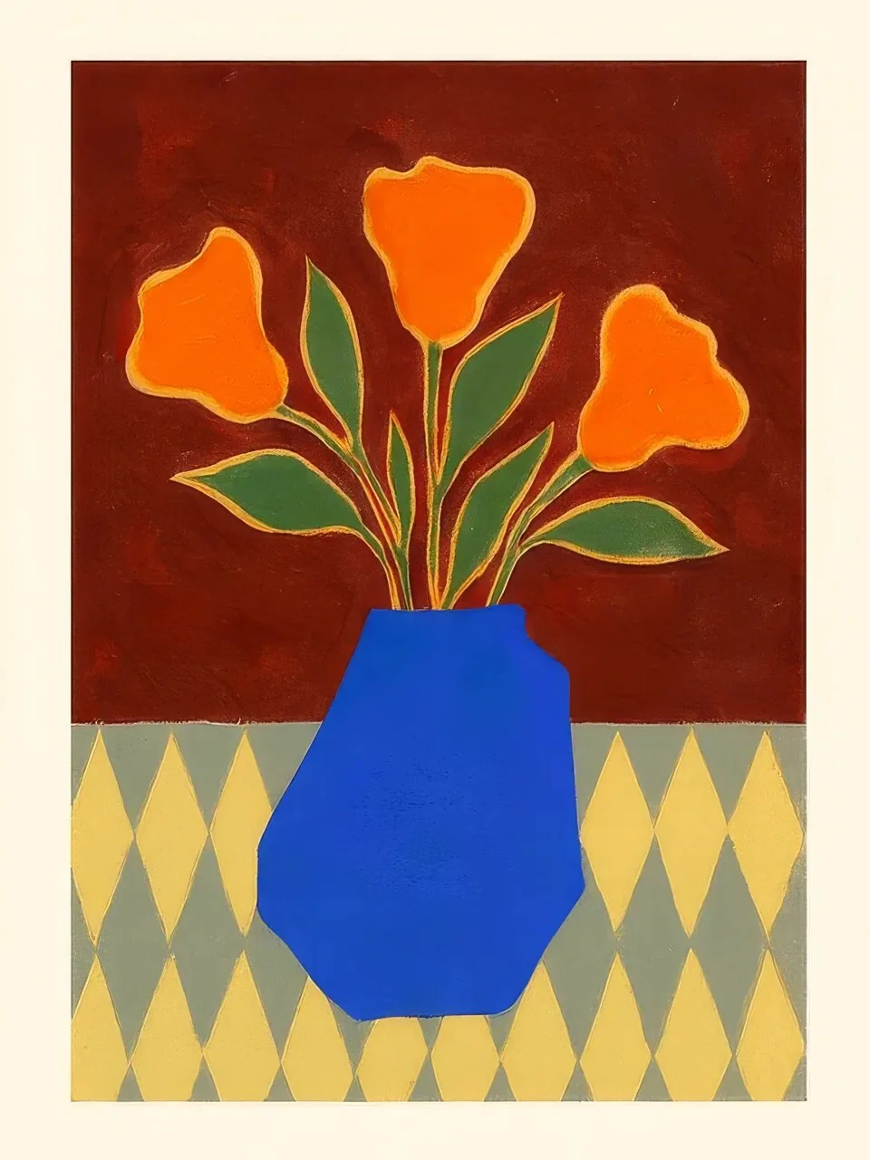 Onlly poster, Orange Flowers in a Blue Vase: A bright bouquet sits in a blue patterned vase above a yellow-and-blue tabletop.