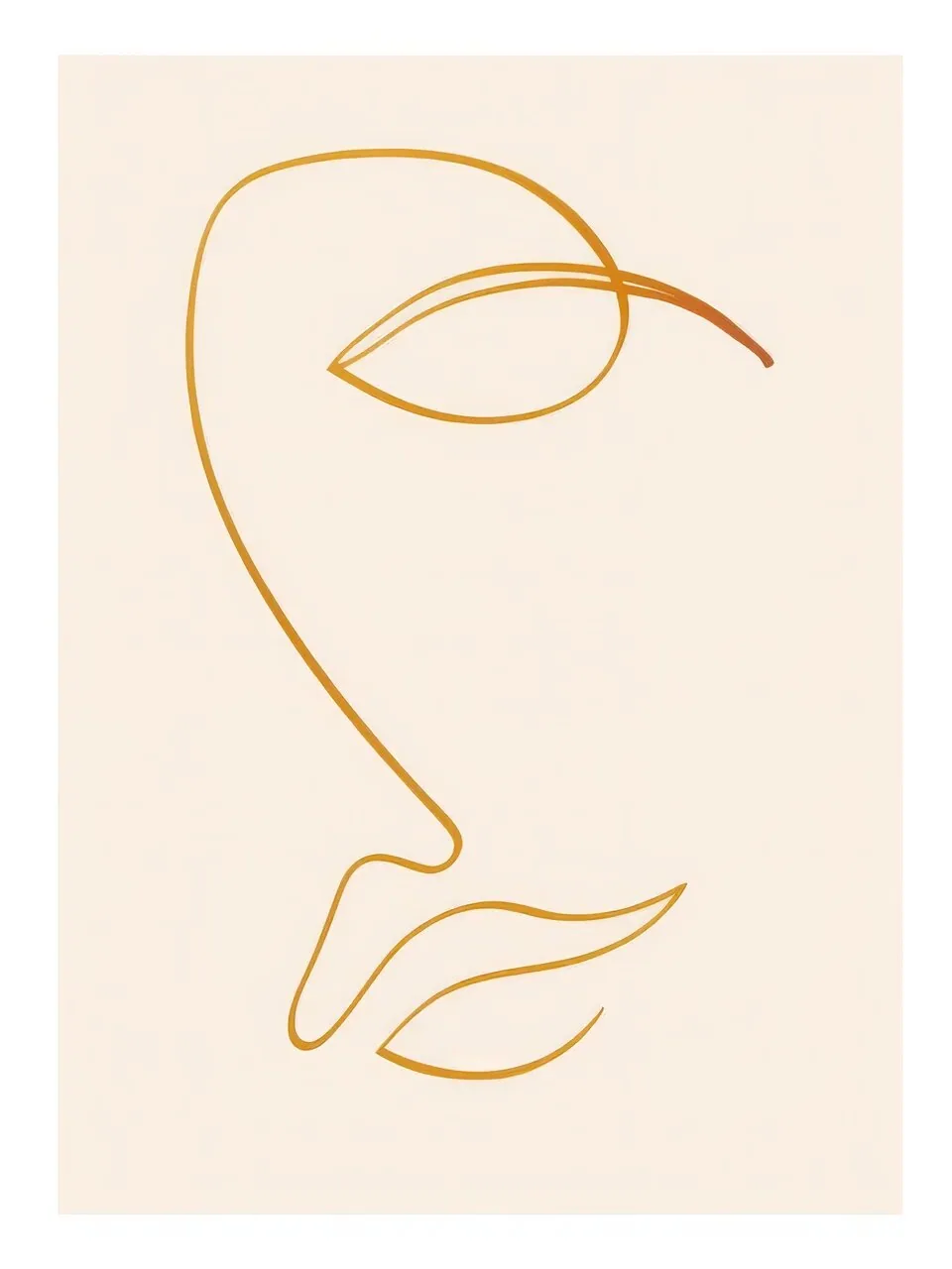 Onlly poster, Minimal Face in One Line: A continuous ochre line traces a calm face in profile against pale pink.