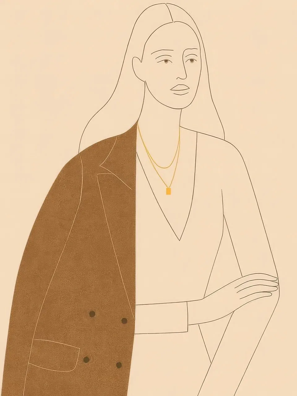 Onlly poster, Woman in a Long Brown Coat: A fine line drawing shows a seated woman in a long, warm brown coat.