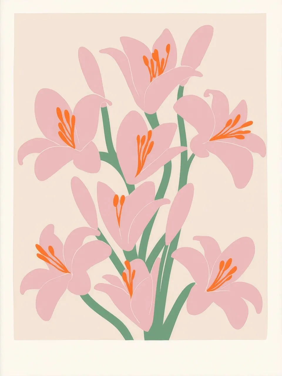 Onlly poster, Pink Flowers in a Vase: A loose bouquet of pink blossoms and green leaves rises from a simple vessel.
