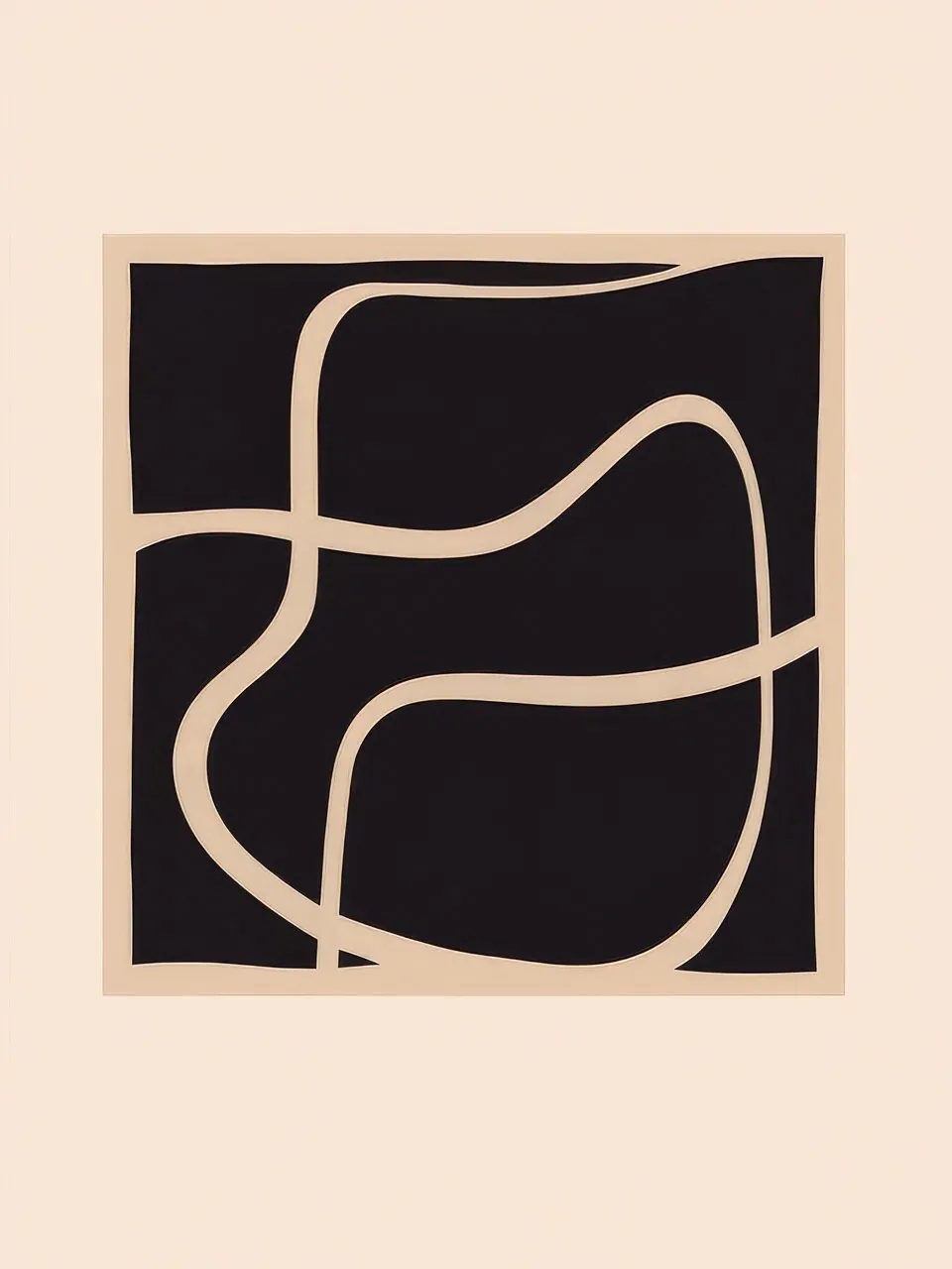 Onlly poster, Curved Lines in a Dark Frame: Cream and pale-pink abstract contours form a nested composition on black.