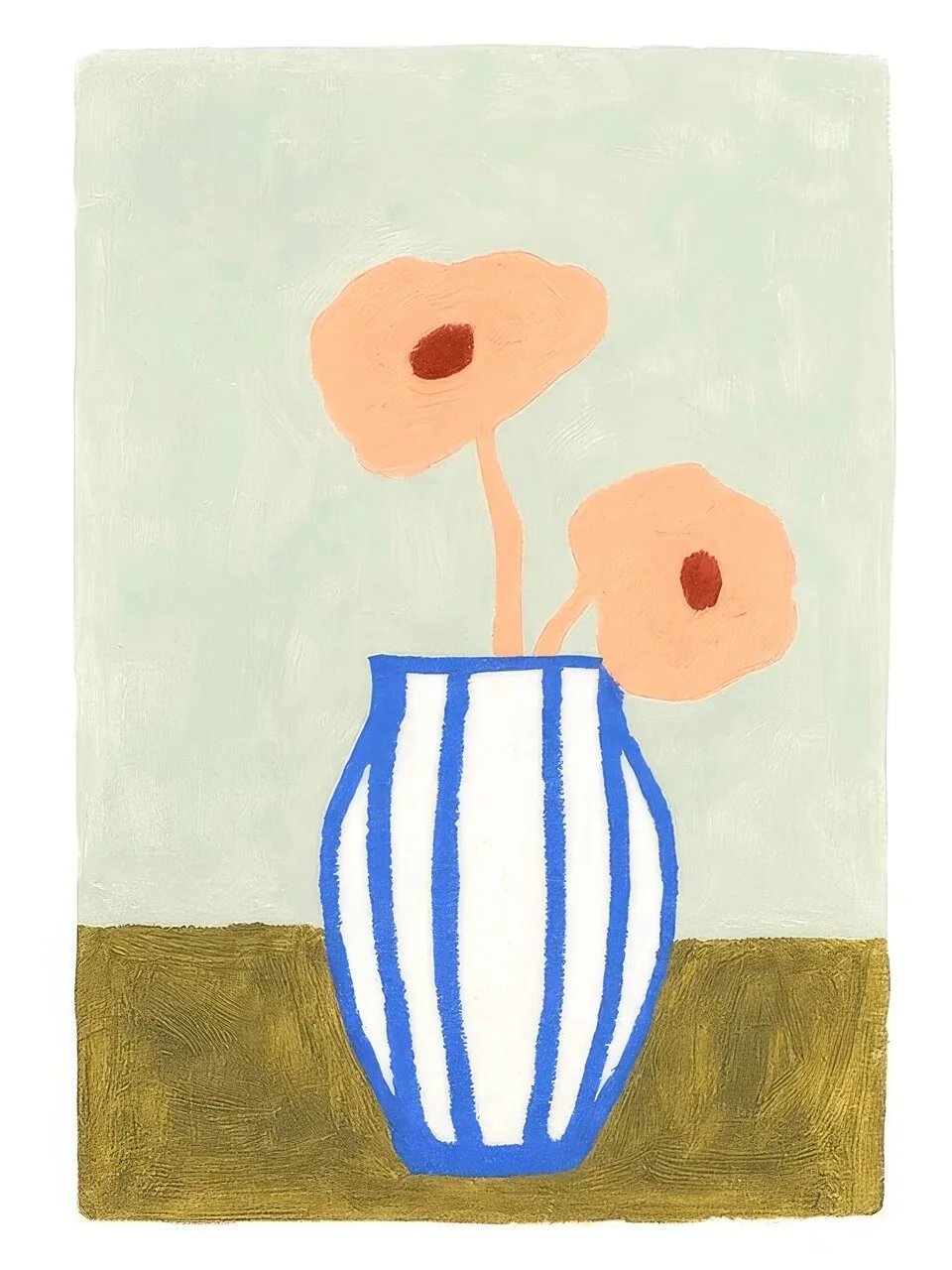 Onlly poster, Orange Flowers in a Blue-Striped Vase: A blue-and-white vase holds orange poppies against a simple ochre ground.