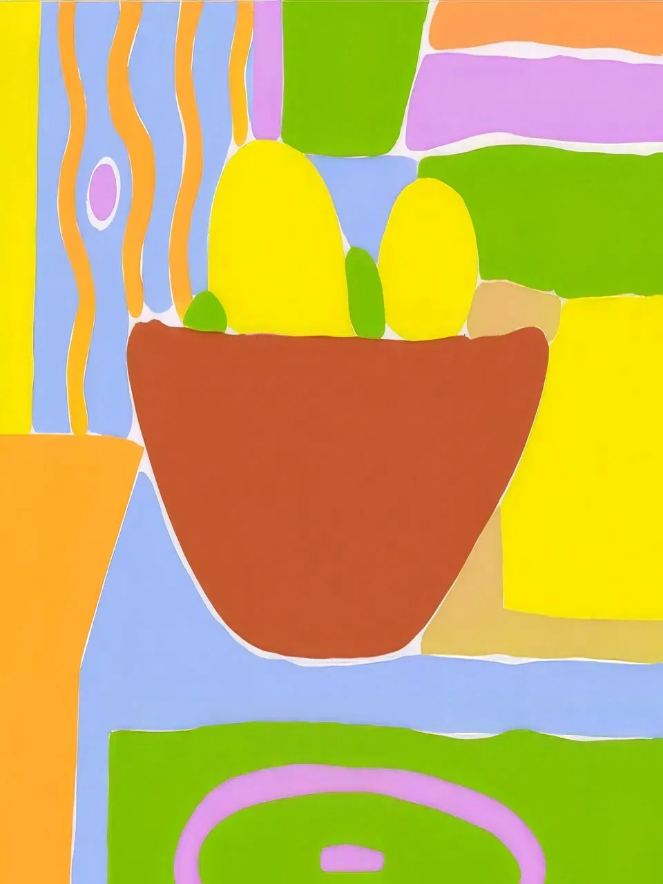 Onlly poster, Plant in a Rainbow Pot: A small green plant rises from a terracotta pot surrounded by bright colour fields.