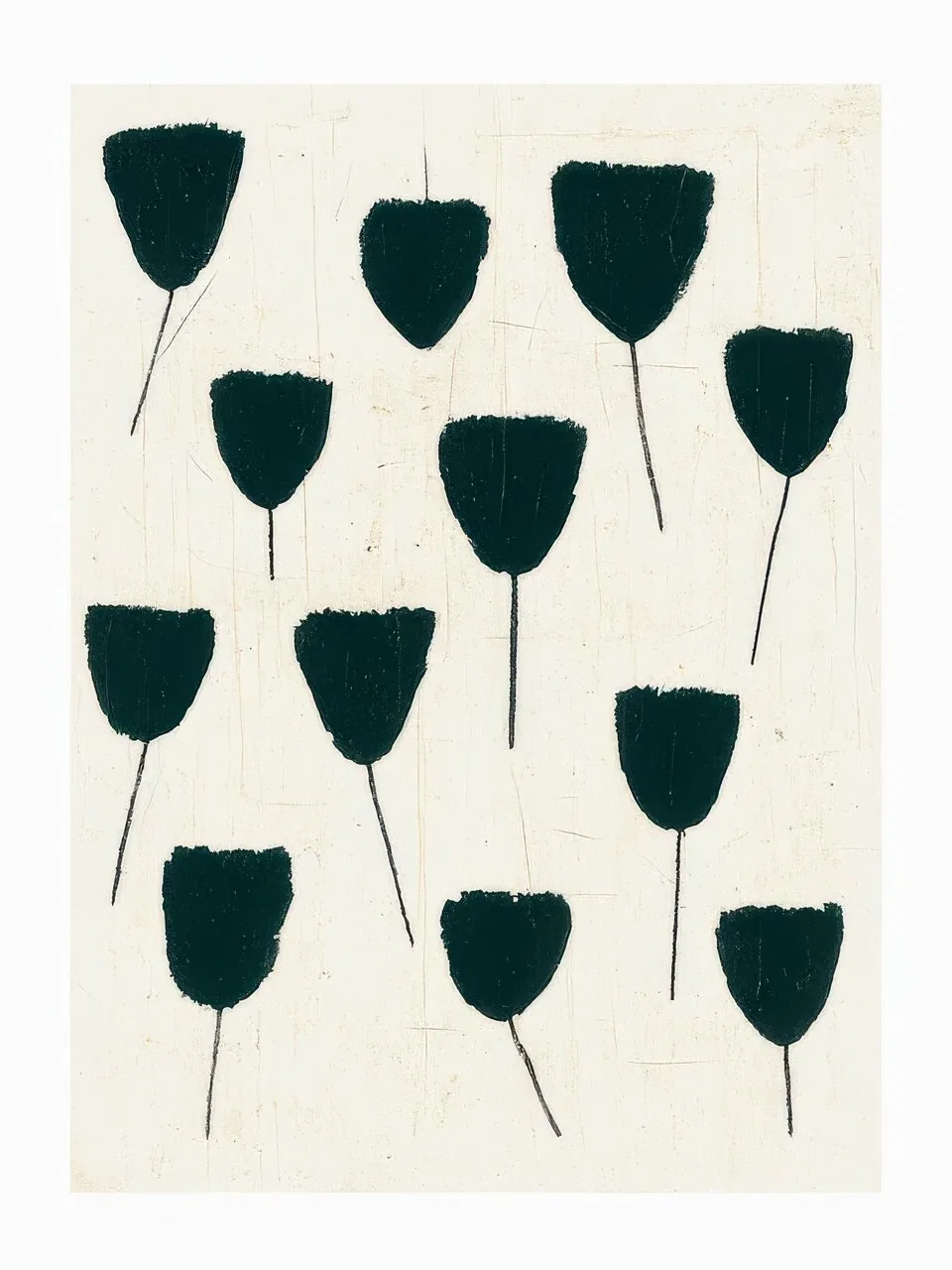 Onlly poster, Dark Tulip Pattern: Rows of dark tulip silhouettes repeat across a pale neutral ground.