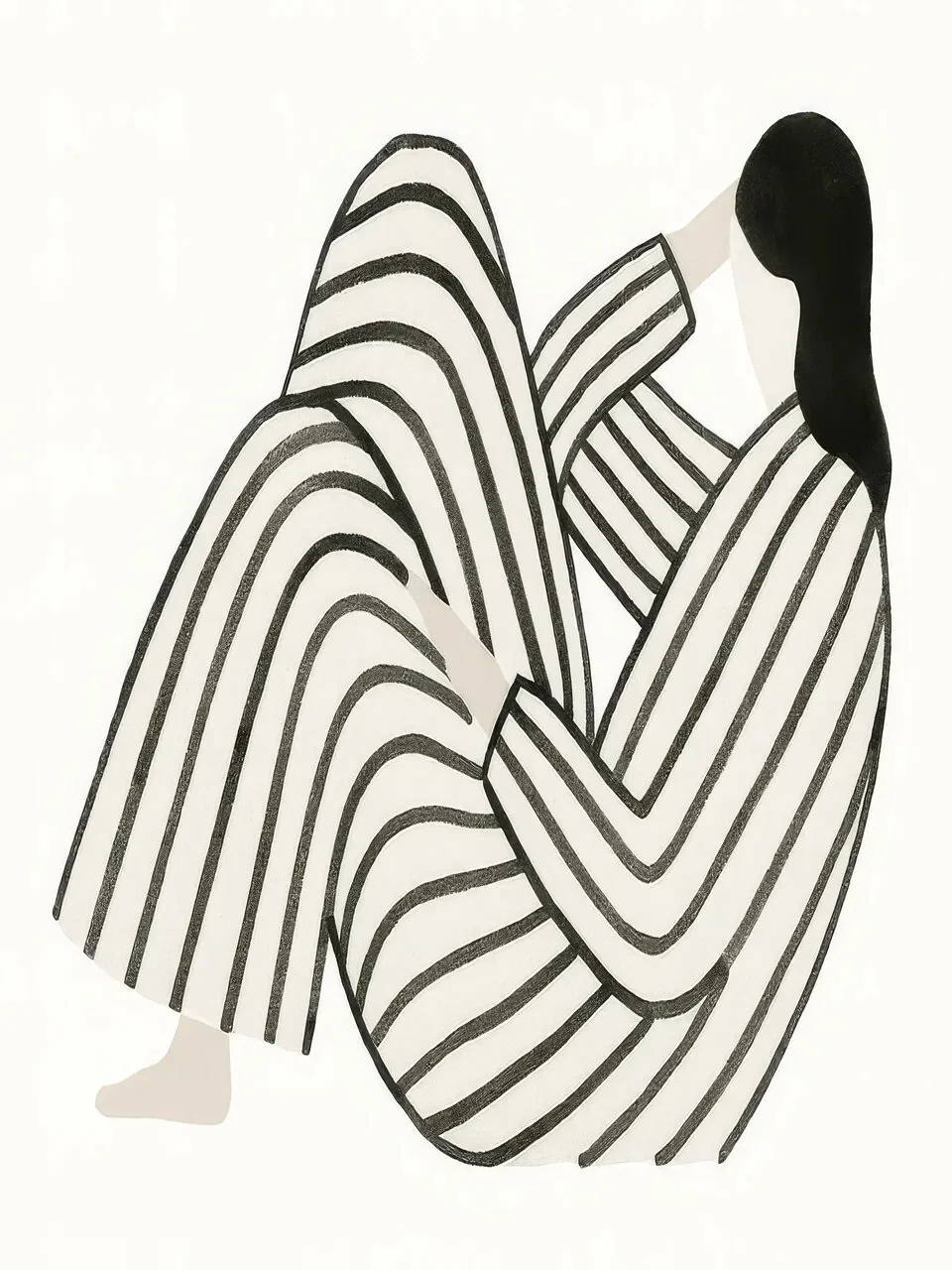 Onlly poster, Seated Figure in Graphic Stripes: A curled seated figure appears within flowing black-and-cream stripe patterns.
