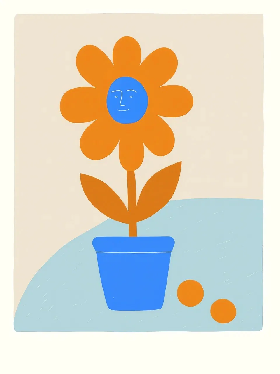 Onlly poster, Orange Flower in a Blue Pot: A stylized orange bloom grows from a blue pot against pale blue and cream.