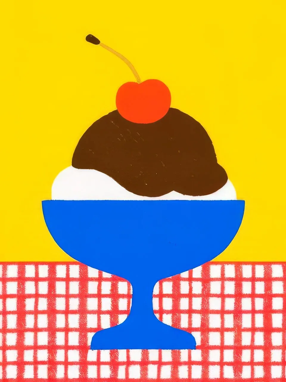 Onlly poster, Dessert in a Blue Coupe: A chocolate scoop with a red cherry sits in a blue dessert glass on a checked table.