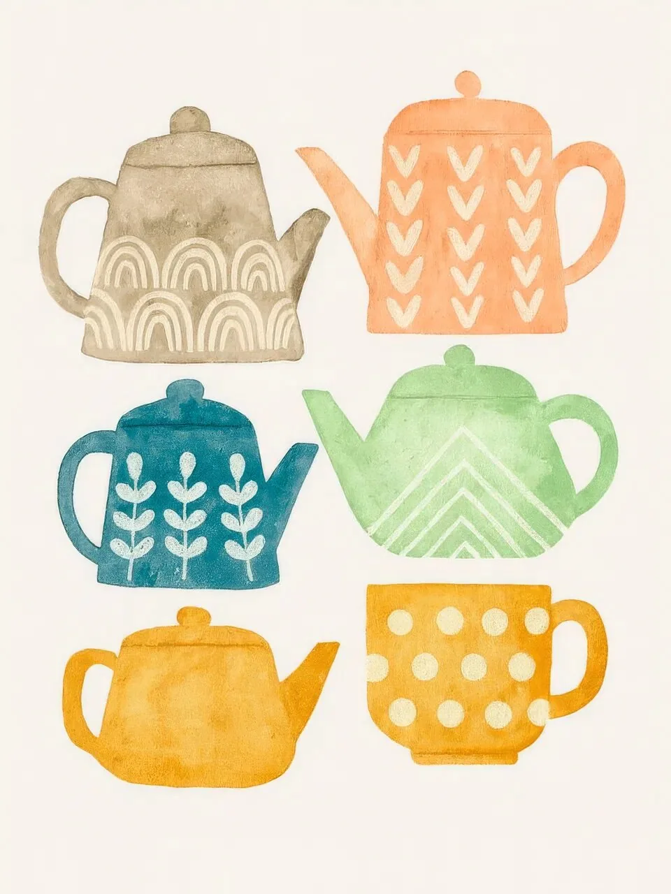 Onlly poster, Colourful Teapot Collection: Small teapots in yellow, blue, green and orange form a decorative group.