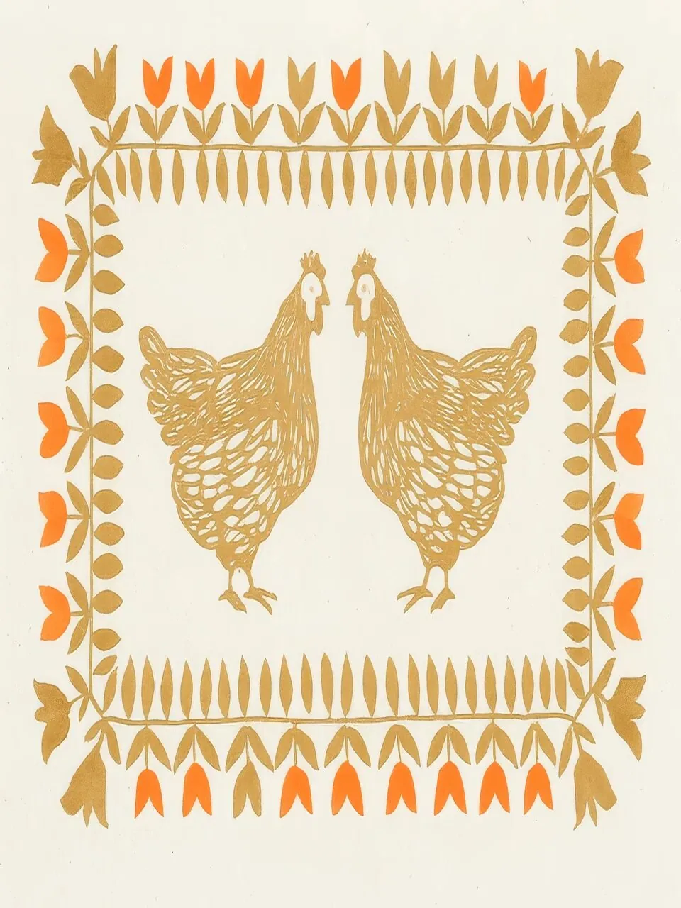 Onlly poster, Hens in a Decorative Border: Three patterned hens stand within a warm ornamental frame.