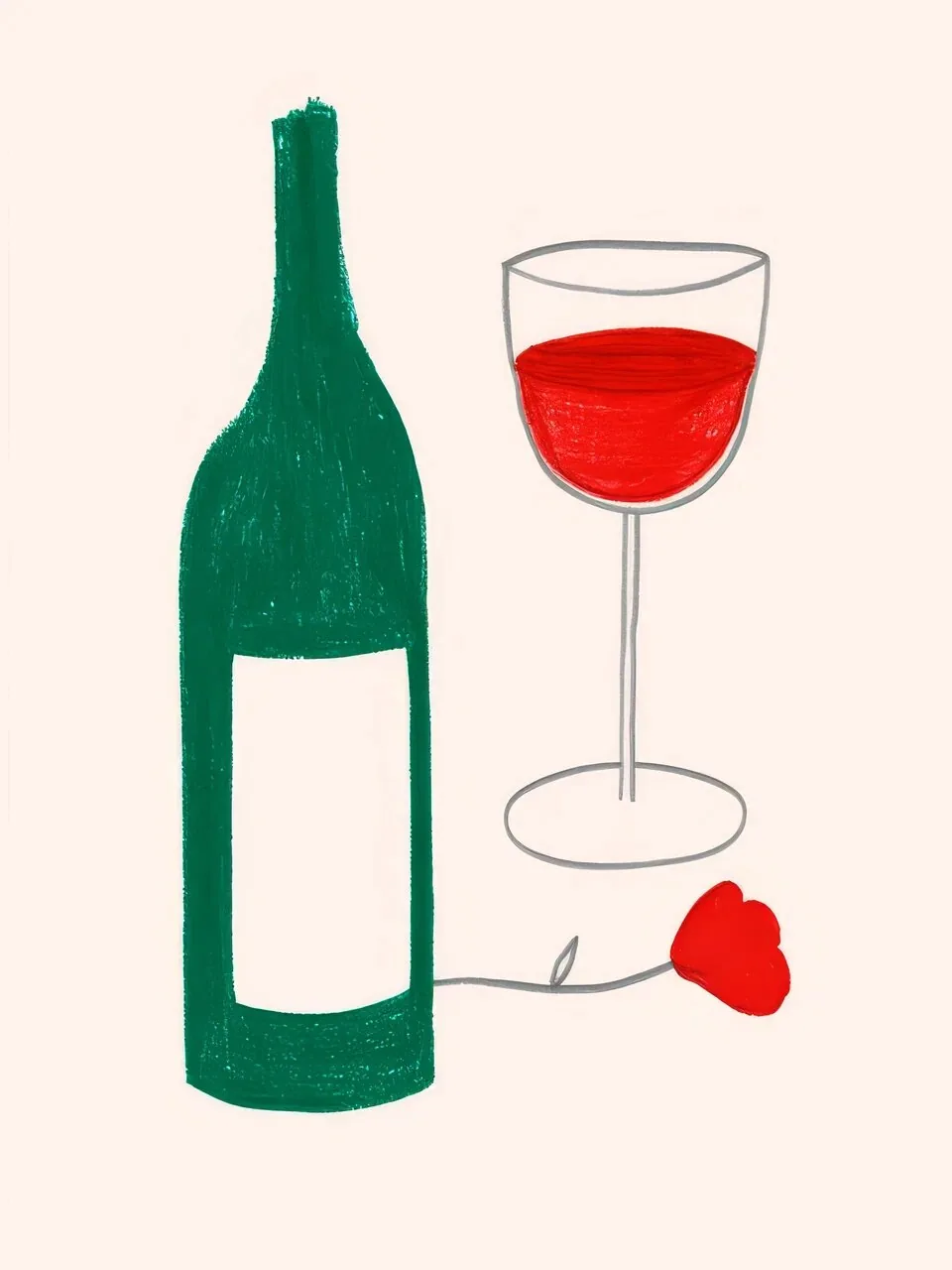 Onlly poster, Green Bottle and Red Wine: A green bottle, wine glass and small red fruit share a pale tabletop.