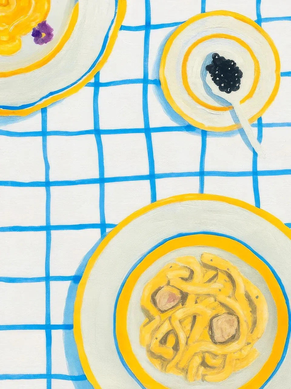 Onlly poster, Noodles and Chopsticks from Above: A patterned table setting frames a bowl of noodles with chopsticks.