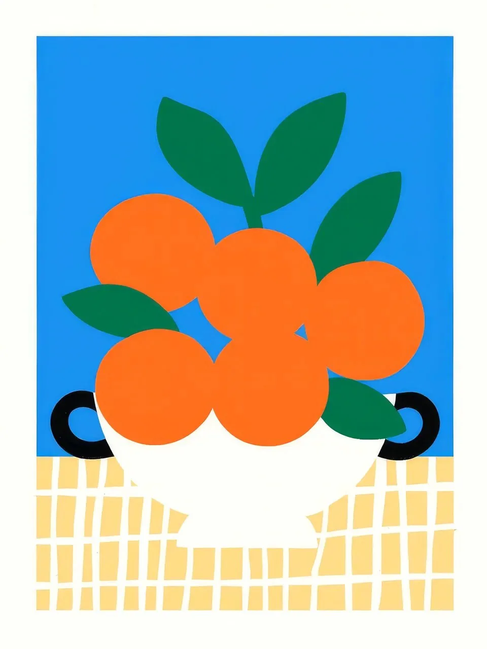 Onlly poster, Oranges in a White Bowl: Bright orange fruit and green leaves rise from a simple white vessel.