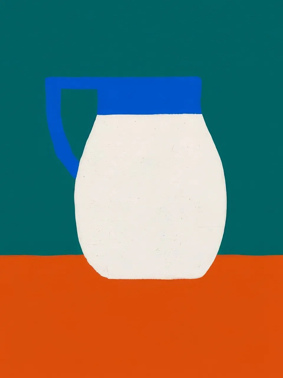 Onlly poster, White Pitcher on Teal and Rust: A pale vessel sits between dark teal and burnt-orange colour fields.